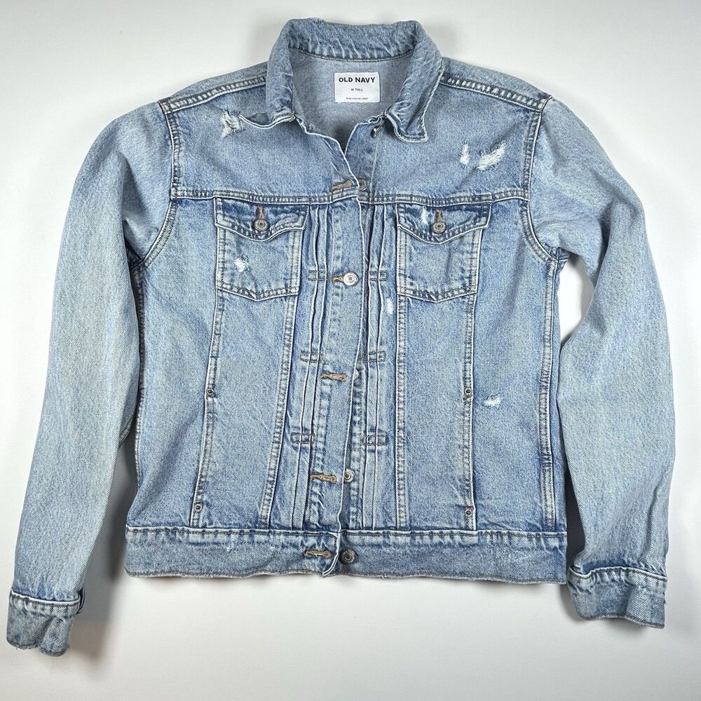 Old Navy Denim Jean Jacket Blue Distressed Cotton Trucker Western Women Med Tall - Picture 14 of 16